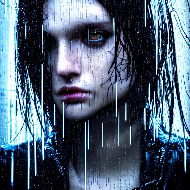 Image similar to bright portrait backlit rain on face and wet hair, cyberpunk, overhead lighting, fantasy, intricate, elegant, dramatic lighting, highly detailed, lifelike, photorealistic, digital painting, artstation, illustration, concept art, smooth, sharp focus, art by John Collier and Albert Aublet and Krenz Cushart and Artem Demura and Alphonse Mucha