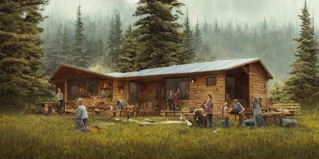 Prompt: cabela's beautiful comfortable outdoors micro - compact modular hard shell pod house, family dwelling, quick assembly, person in foreground, mountainous forested wilderness open fields, beautiful views, painterly concept art, joanna gaines, environmental concept art, farmhouse, magnolia, concept art illustration by ross tran, james gurney, by craig mullins, by greg rutkowski