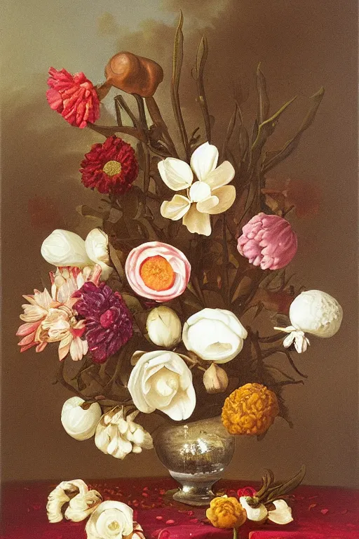 Image similar to painting of chocolate flowers in a vase on a table, by rachel ruysch, pop surrealism, biomorphic, made of sweet delicious texture