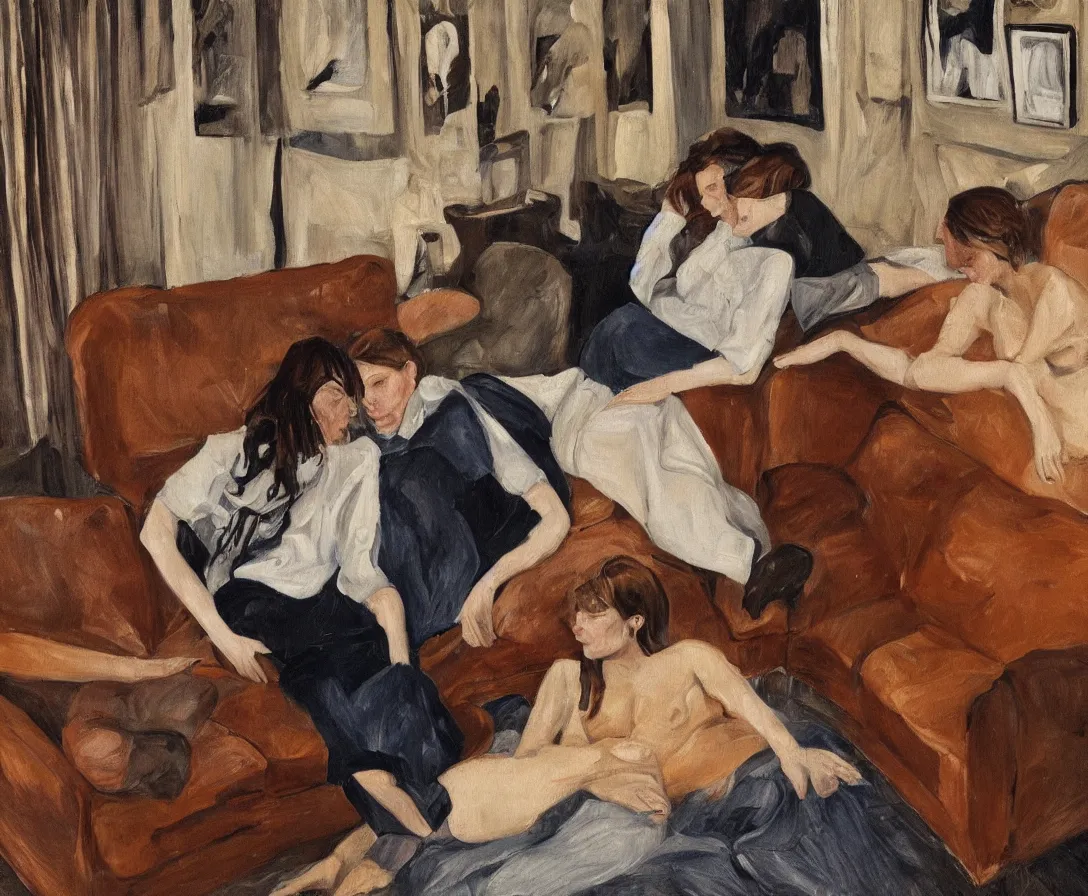 Image similar to two women, in an old english apartment on a brown leather sofa. one is wearing a dark blue sweather, the other a white shirt. brown hair, they are looking into the camera. wide shot. in the style of lucien freud. oil painting.