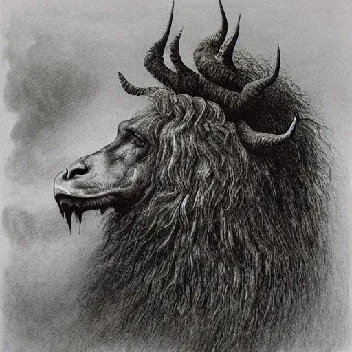 Image similar to the man with the beak of an eagle, the mane of a lion, the horns of a bull. drawn by zdzislaw beksinski