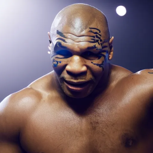 Image similar to mike tyson in a boxing arena, smoky background, rim backlighting