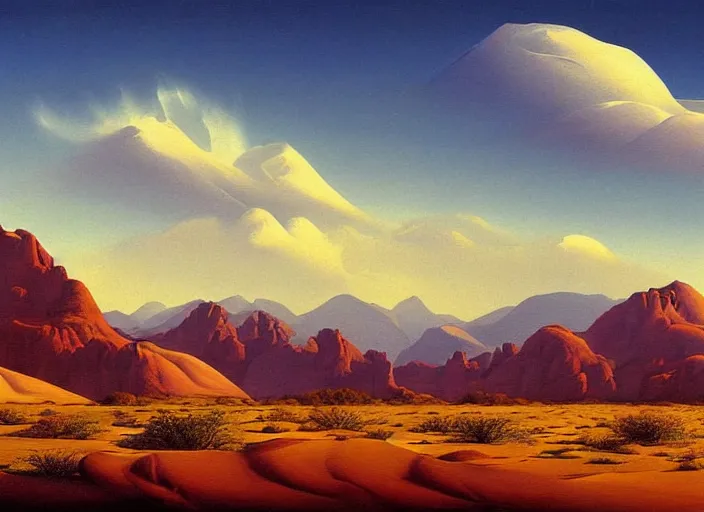 Image similar to painting of a desert landscape with mountains in the background, an airbrush painting by clarence holbrook carter, pinterest, american scene painting, terragen, matte painting, apocalypse landscape