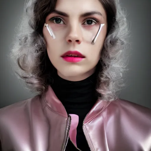 Prompt: female, beautiful, portrait, photograph, looking at viewer, silver pink black jacket, cyberpunk