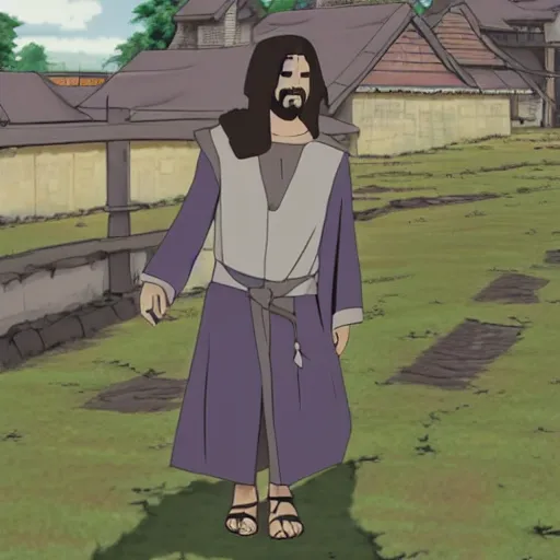 Prompt: jesus strolling through the hidden leaf village