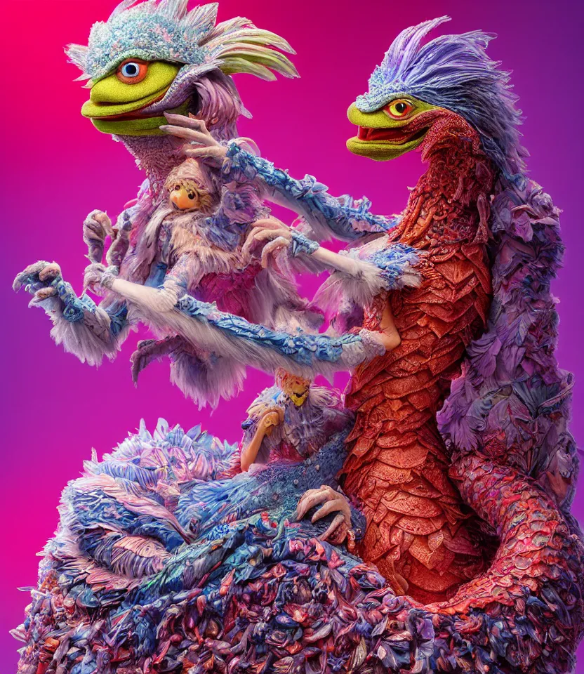 Image similar to hyper detailed 3d render like a Oil painting - kawaii portrait of lovers Aurora (a beautiful girl skeksis muppet fae princess protective playful expressive acrobatic from dark crystal that looks like Anya Taylor-Joy) seen red carpet photoshoot in UVIVF posing in scaly dress to Eat of the Strangling network of yellowcake aerochrome and milky Fruit and His delicate Hands hold of gossamer polyp blossoms bring iridescent fungal flowers whose spores black the foolish stars by Jacek Yerka, Ilya Kuvshinov, Mariusz Lewandowski, Houdini algorithmic generative render, golen ratio, Abstract brush strokes, Masterpiece, Edward Hopper and James Gilleard, Zdzislaw Beksinski, Mark Ryden, Wolfgang Lettl, hints of Yayoi Kasuma and Dr. Seuss, Grant Wood, octane render, 8k