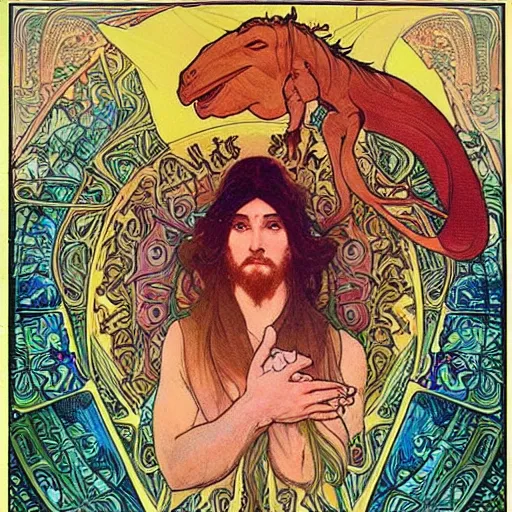 Prompt: “colorfull artwork by Franklin Booth and Alphonse Mucha and Moebius showing a portrait of Jesus riding a dinosaur”