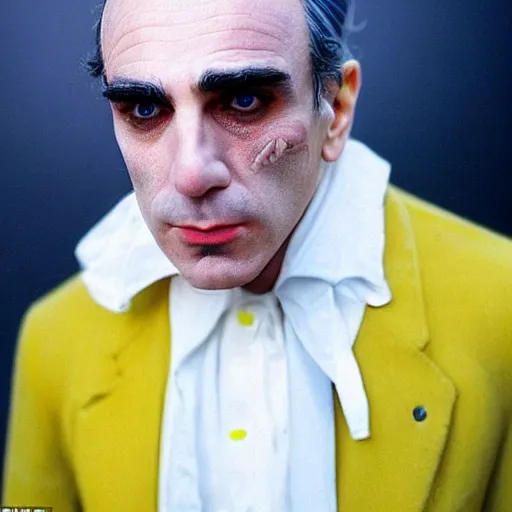 Image similar to film stills, daniel day lewis in the dramatic live - action biopic film of spongebob. not a cartoon. mr. day lewis went through 9 hours of makeup to look like a human yellow sponge