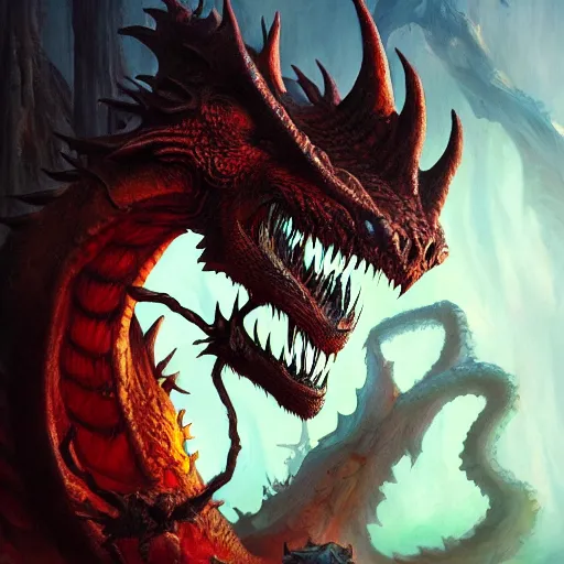 Prompt: oil painting of dragon forest, dnd character, fantasy, realistic textured skin, balrog head, glowing eyes, sharp focus, artgem, boris valejo, frank frazetta, heavy metal style, trending on artstation, digital painting, julie bell, beautiful, very detailed,