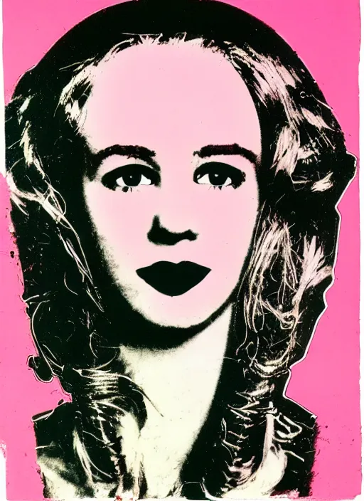 Prompt: a portrait of a pretty sewer punk young lady by andy warhol