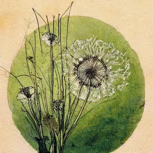 Image similar to a beautiful fairytale painting of a dandelion seed that is also a fairy. the dandelion seed is the body of the fairy. beautiful clear painting by arthur rackham