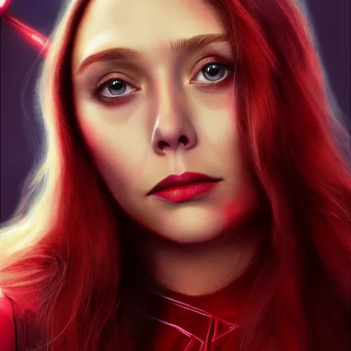 prompthunt: elizabeth olsen as the scarlet witch afloat in the air with red  eyes, red magic surrounds her, trending on artstation, 8 k quality,  cgsociety contest winner, artstation hd, artstation hq, luminous