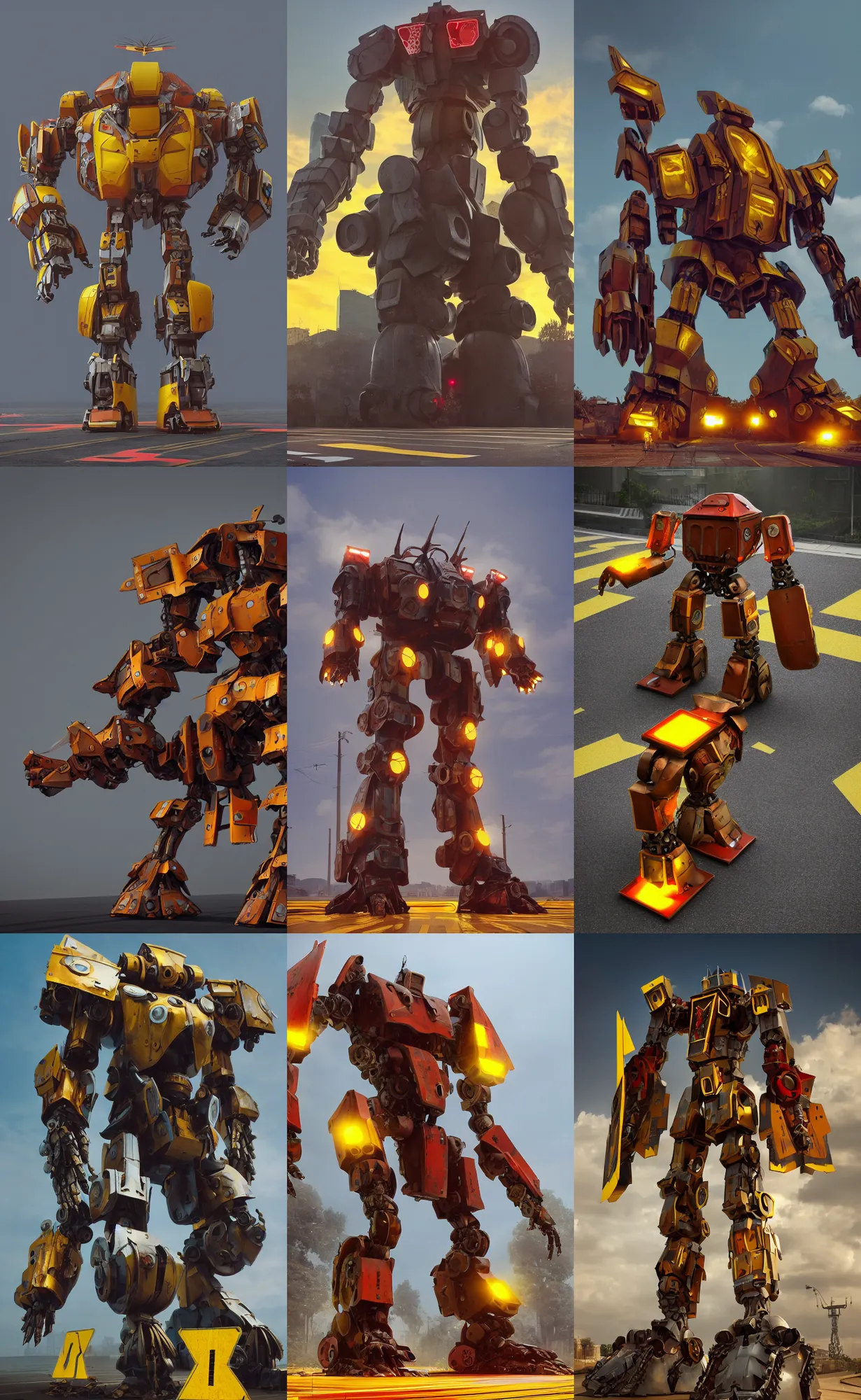 Prompt: giant mecha gladiator made of yellow road signs and a red stop sign on its head, character design trending on artstation, mecha, unreal engine, octane render, detailed model, hardsurface modelling, heavily stylized, rust roadsign armor