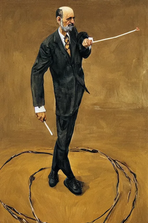 Image similar to portrait of sigmund freud wearing suit coat and tie and skirt made of bananas, doing the hula hoop, by frank mccarthy, by lucian freud