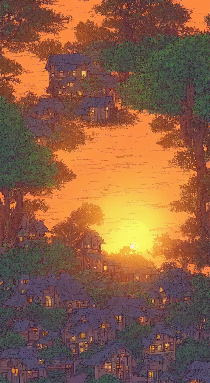 Image similar to a dreamy sunset in the big forest with houses in pixelart style, highly detailed, illustration