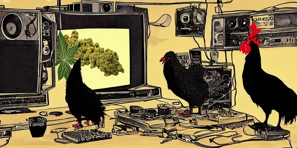 Image similar to 'black chicken'!!! smoking 'cannabis'!!!!!! in front of 'audio console'!!!! and 'multi monitors'!!!! 'in a hi-tech tv broadcasting studio'!!!!, artwork by James Gilleard