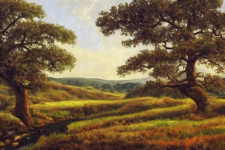 Prompt: masterpiece painting of oak trees on a hillside overlooking a creek, by harold elliott