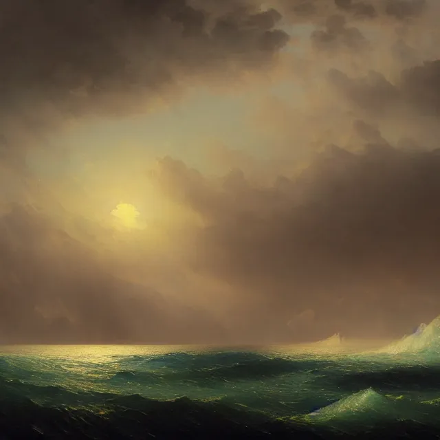 Prompt: a beautiful painting of the sea by ( ivan aivazovsky ) and frederic edwin church and greg rutkowski and george varodi. in style of concept art. 4 k texture. ray tracing. sharp lines, hyper detailed. octane render. trending on artstation