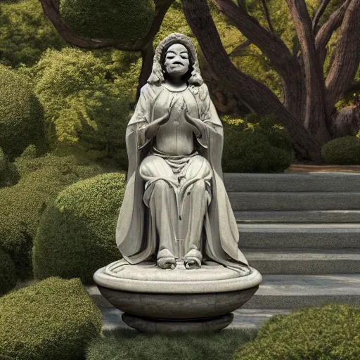 Prompt: marble statue of oprah winfrey meditating in a rococo japanese garden, accurate details, detailed full body, dramatic, intricate, elegant, highly detailed, digital painting, artstation, concept art, sharp focus, illustration, art by gustave dore, octane render