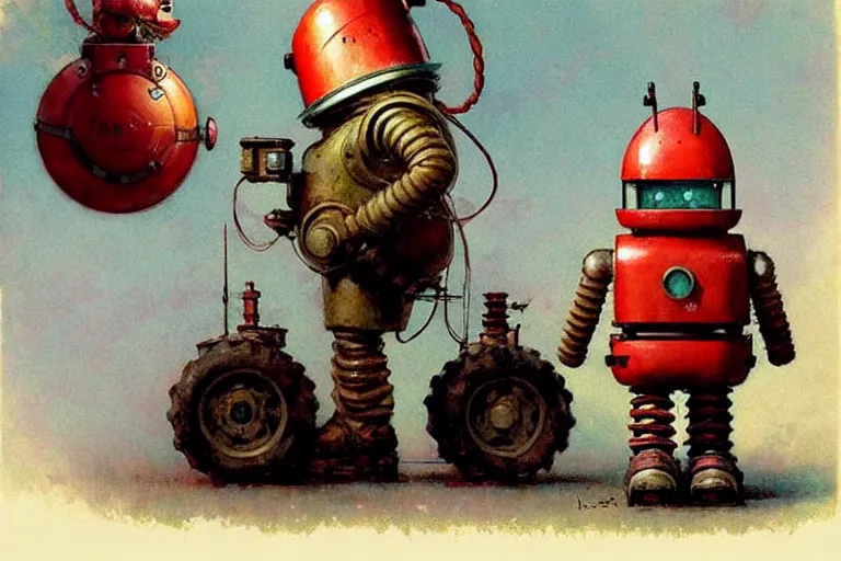 Prompt: adventurer ( ( ( ( ( 1 9 5 0 s retro future robot android fat knome tractor robot. muted colors. ) ) ) ) ) by jean baptiste monge!!!!!!!!!!!!!!!!!!!!!!!!! chrome red