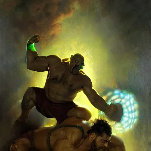 Image similar to the iron sheik breaking hulk hogan's back, radiant light, caustics, heroic, bright iridescent light, by gaston bussiere, bayard wu, greg rutkowski, maxim verehin, epic wrestling combat, legendary