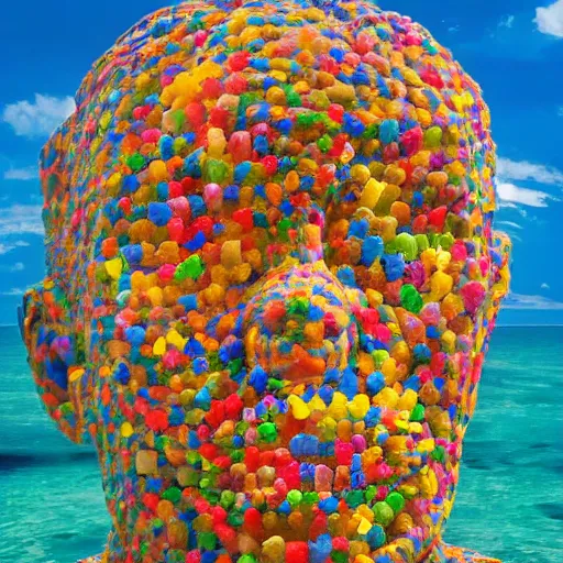 Prompt: a giant human head sculpture made out of thousands of small gummy bears placed on the surface of the ocean, in the style of chad knight, long shot, hyper detailed, hyper realistic, ray tracing, 8 k resolution, sharp focus, realistic water, award winning