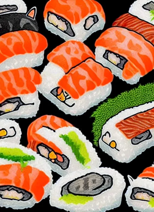 Image similar to clear photorealistic picture of adorable cats made out of sushi