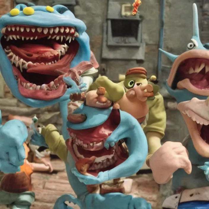 Prompt: street sharks in wallace & gromit claymation