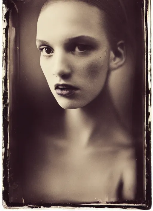 Image similar to portrait of a young women, photo realistic, elegant, award winning photograph, parallax, cinematic lighting, ambrotype wet plate collodion by richard avedon and shane balkowitsch