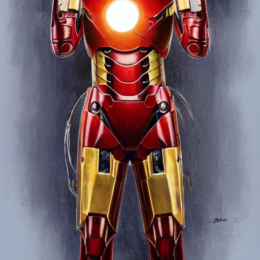 Prompt: steampunk Iron Man by H.R. Giger full body details, smooth, sharp focus, illustration, realistic, cinematic, artstation, award winning, rgb, ethereal blue lighting, 8K, H 1088