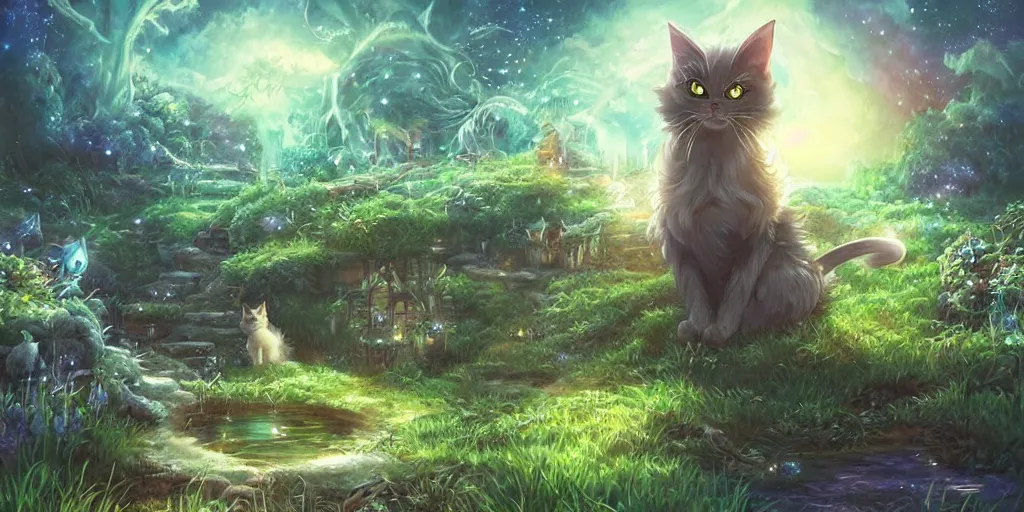 Prompt: final fantasy visual of a cat in a magical fantasy garden at night, moonlight, fireflies glowing, lofi feel, magical, highly detailed, digital art, artstation, smooth, hard focus, illustration, art by artgerm - in the style of final fantasy and studio ghibli