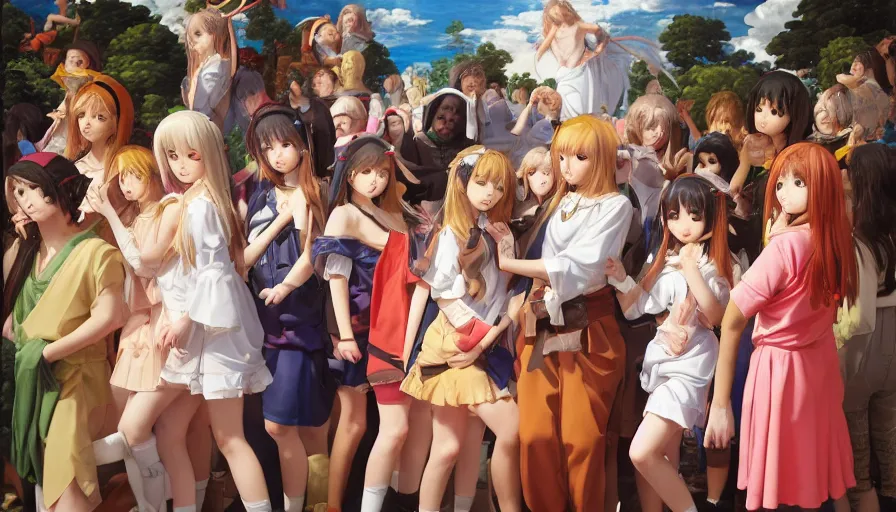 Image similar to jesus christ surrounded by cute anime girls, photorealistic, anime, mini skirt, neko, cat ears, renaissance painting, hyper real, detailed, wide angle shot, ultra detailed