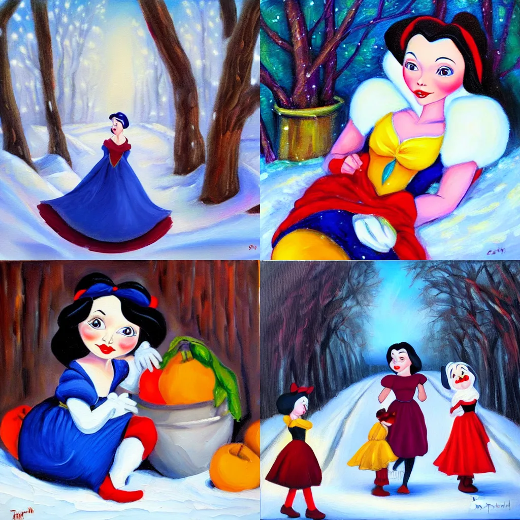 Prompt: Snow white and seven dwarfs, oil painting, style of Zuzana Chalupova