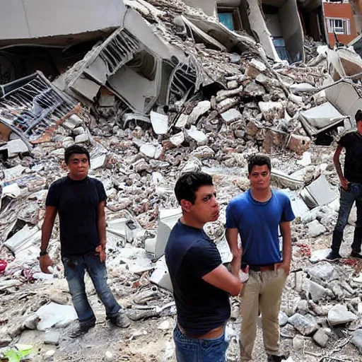 Image similar to seven young man, standing in a rubble after a building collapsed, journalistic photograph.