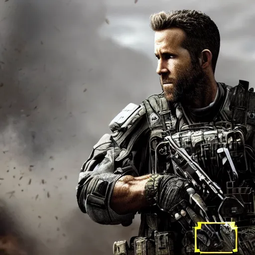 Prompt: Ryan Reynolds in Call of Duty black ops highly detailed, high quality, HD, 4k, 8k, Canon 300mm, professional photographer, 40mp, lifelike, top-rated, award winning, realistic, sharp, no blur, edited, corrected, trending