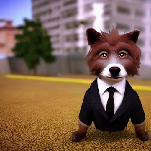 Image similar to “a realistic photo portrait of furry dog wearing a suit jacket, unreal engine”