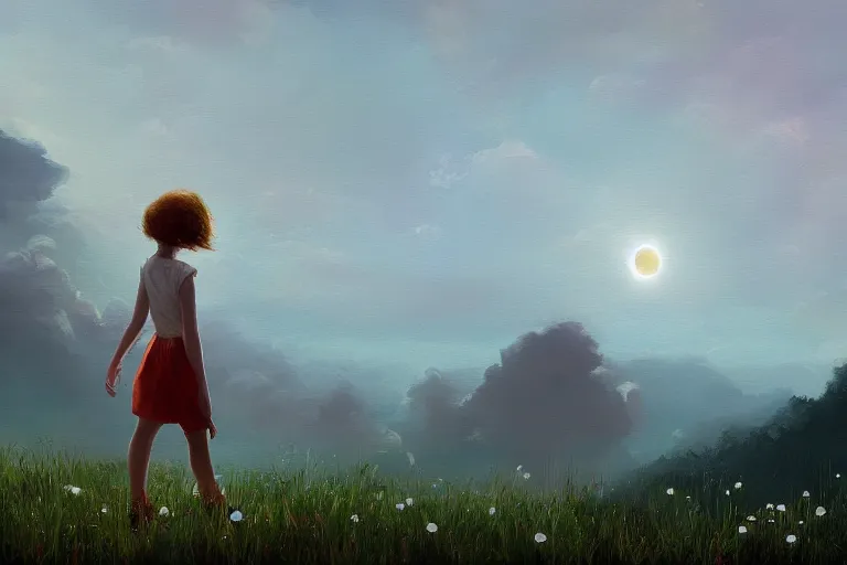 Image similar to giant white daisy flower head, girl walking on cliff, surreal photography, solar eclipse, milky way, dramatic light, impressionist painting, clouds, digital painting, artstation, simon stalenhag