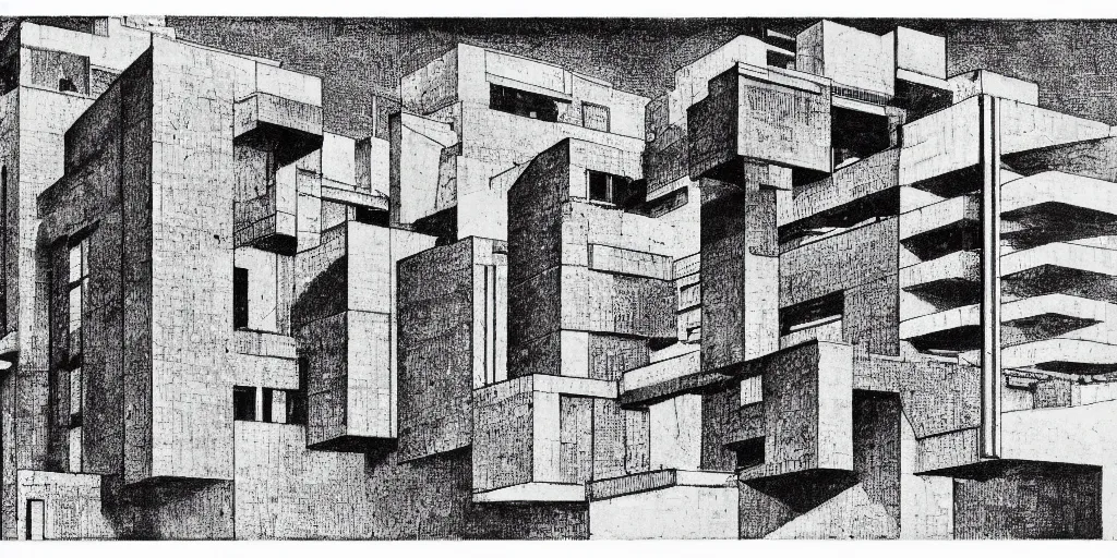 Image similar to brutalist building facing. yugoslavia, le corbusier, central symmetry, highly detailed, golden ratio, black and white color scheme, etching render