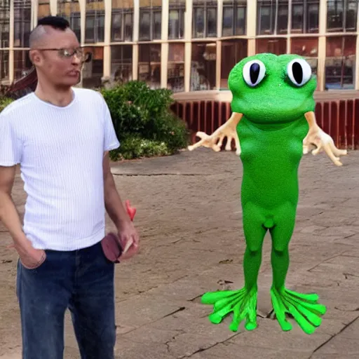 Prompt: man with frog head and human body