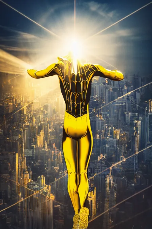 Prompt: yellow and metallic spider-man, character poster, dramatic lighting, atmospheric dust, intense lens flare, city backdrop