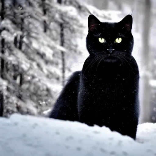 Image similar to Award winning photo of a black cat in a snowy forest at afternoon, lens flare, bokeh, telephoto