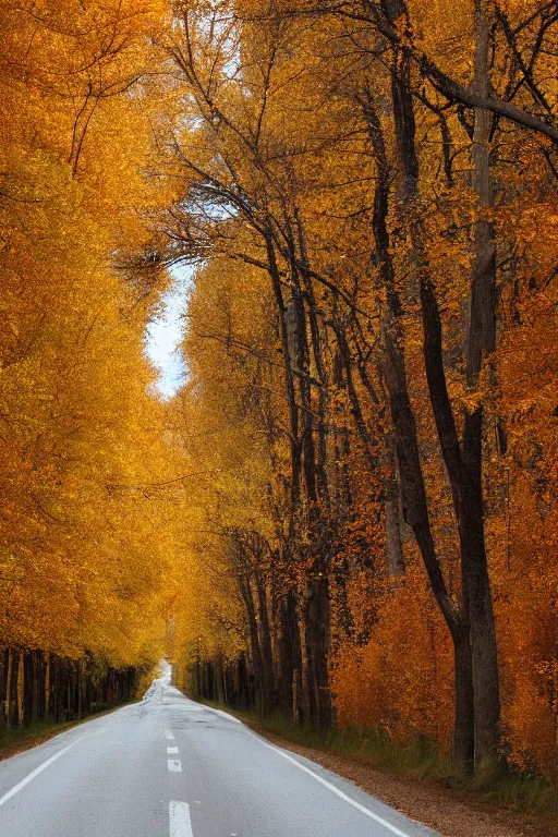 Prompt: photograph of a country road lined on both sides by maple and poplar trees, in the autumn, red orange and yellow leaves, some leaves have fallen and are under the trees and on the road