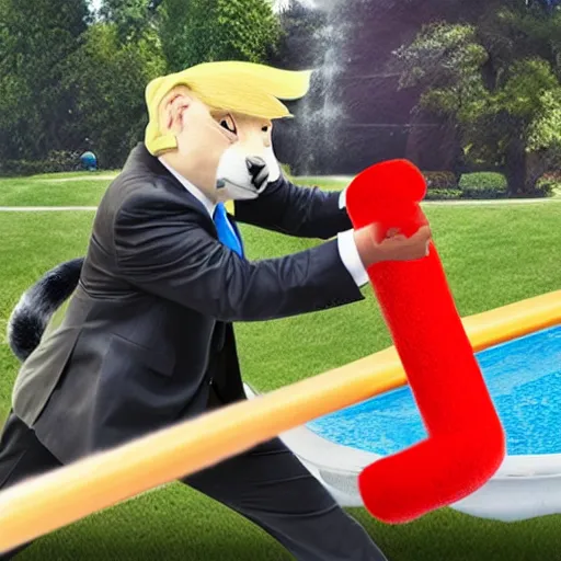 Image similar to donald trump fighting a furry using pool noodles, photo realistic