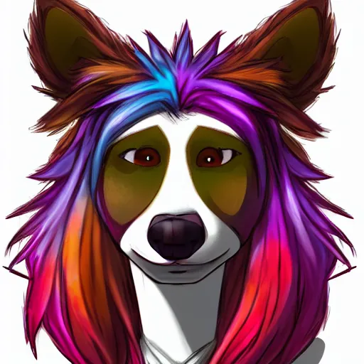Prompt: headshot portrait of an anthropomorphic furry style colorful dog fursona, drawn by Falvie, fleurfurr, trending on furaffinity