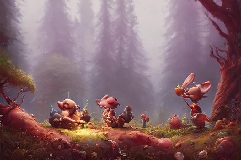 Prompt: detailed painting of dwarfs in the moosy forest clearing drinking mushroom nectar, in the style of peter mohrbacher, james jean, artgerm, dramatic lighting and composition, surreal background, octane render, pixar, trending on artstation, concept art, comic book, 8 k