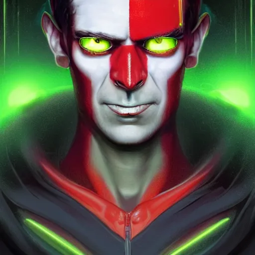 Prompt: portrait of a confident skinny dark haired man with a scar on his face and one eye is mechanical wearing a red suit as an evil entity, high detail, concept art, neon color, vivid color, floating particles, glowing green eyes, background by john harris + roger dean, artwork by charlie bowater + goro fujita + artgerm
