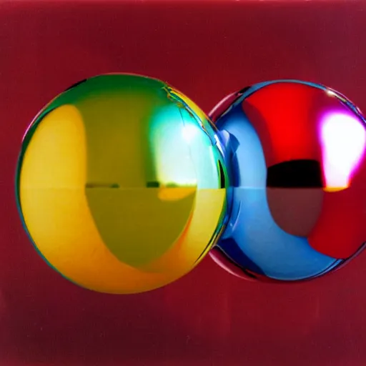 Prompt: chrome spheres on a red cube, eastman color negative photograph