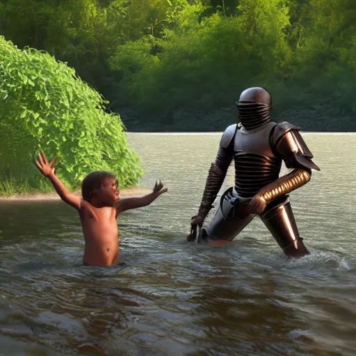 Prompt: a mighty knight saving child from drowning in the river, ultra realistic details, trending on artstation, 8 k