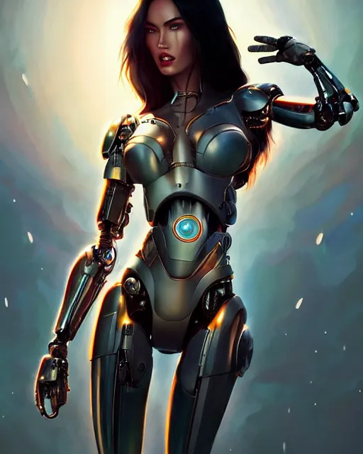 Image similar to weta disney pixar movie still portrait photo of megan fox as cyborg woman by pixar, by weta, wlop, ilya kuvshinov, rossdraws, artgerm, maxim cover, latex, sweaty, iridescent, bright morning, anime, liosh, mucha