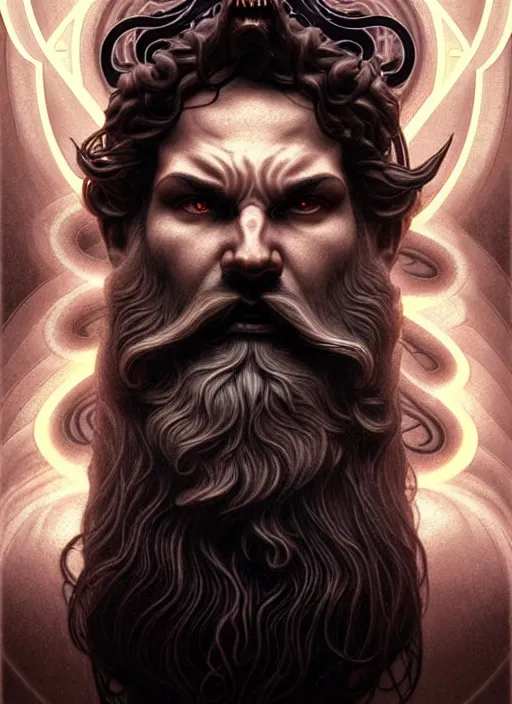 Image similar to furious god zeus, wavy black hair, bushy beard, glowing eyes, thunder forehead tattoo, volumetric lights, rose gold scheme, art nouveau botanicals, gothic, intricate, highly detailed, digital painting, artstation, concept art, smooth, sharp focus, symmetric face, illustration, steampunk, art by artgerm and greg rutkowski and alphonse mucha